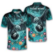 Blue Fire Flame Bald Eagle Holding 8 Ball Billiards Custom Pool Shirt