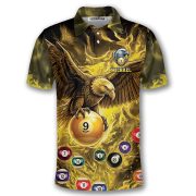 Yellow Fire Flame Bald Eagle Holding 8 Ball Billiards Custom Pool Shirt - Image 3
