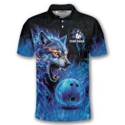 Fantasy Wolf Art Blue Flame Custom Bowling Shirt - Image 3
