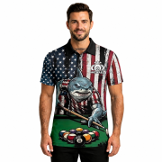 Funny Shark Patriotic Retro USA Flag 8 Ball Pool Custom Billiards Shirt - Image 2