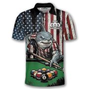 Funny Shark Patriotic Retro USA Flag 8 Ball Pool Custom Billiards Shirt - Image 3