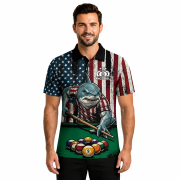 Funny Shark Patriotic Retro USA Flag 9 Ball Pool Custom Billiards Shirt - Image 2