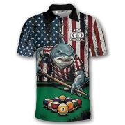 Funny Shark Patriotic Retro USA Flag 9 Ball Pool Custom Billiards Shirt - Image 3
