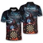 Grim Reaper Skull Dartboard Dark Blue Fire Flame Custom Darts Shirt
